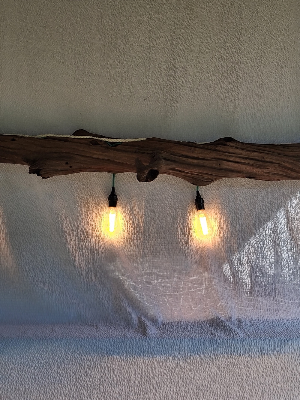 Rustic Driftwood Hanging Light Fixture with Warm White Bulbs
